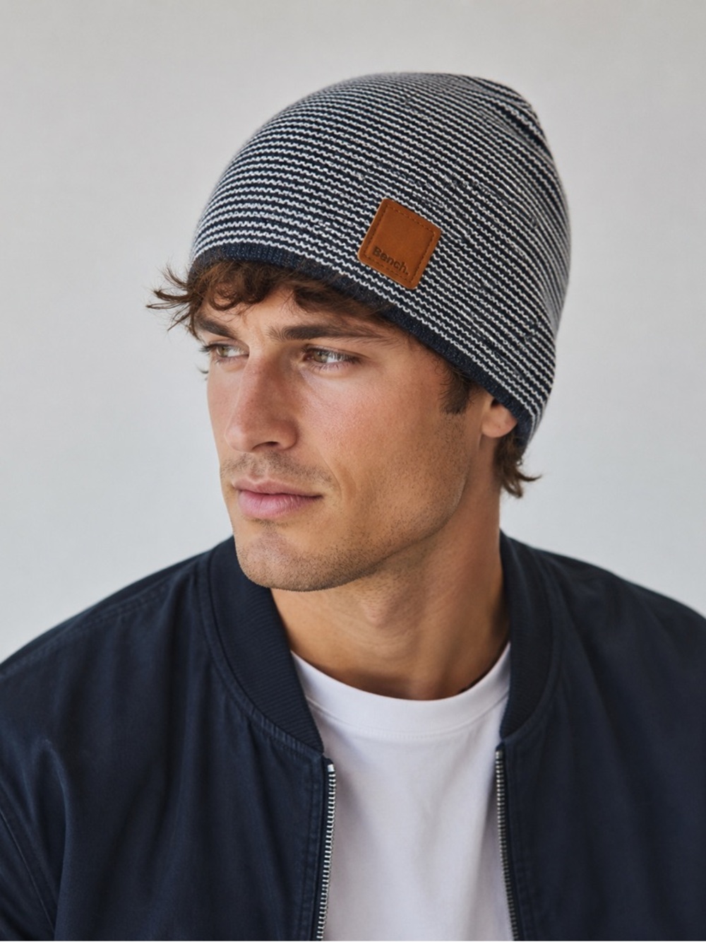 Bench Navy & White Striped Knit Beanie Hat Tan Logo Patch One Size